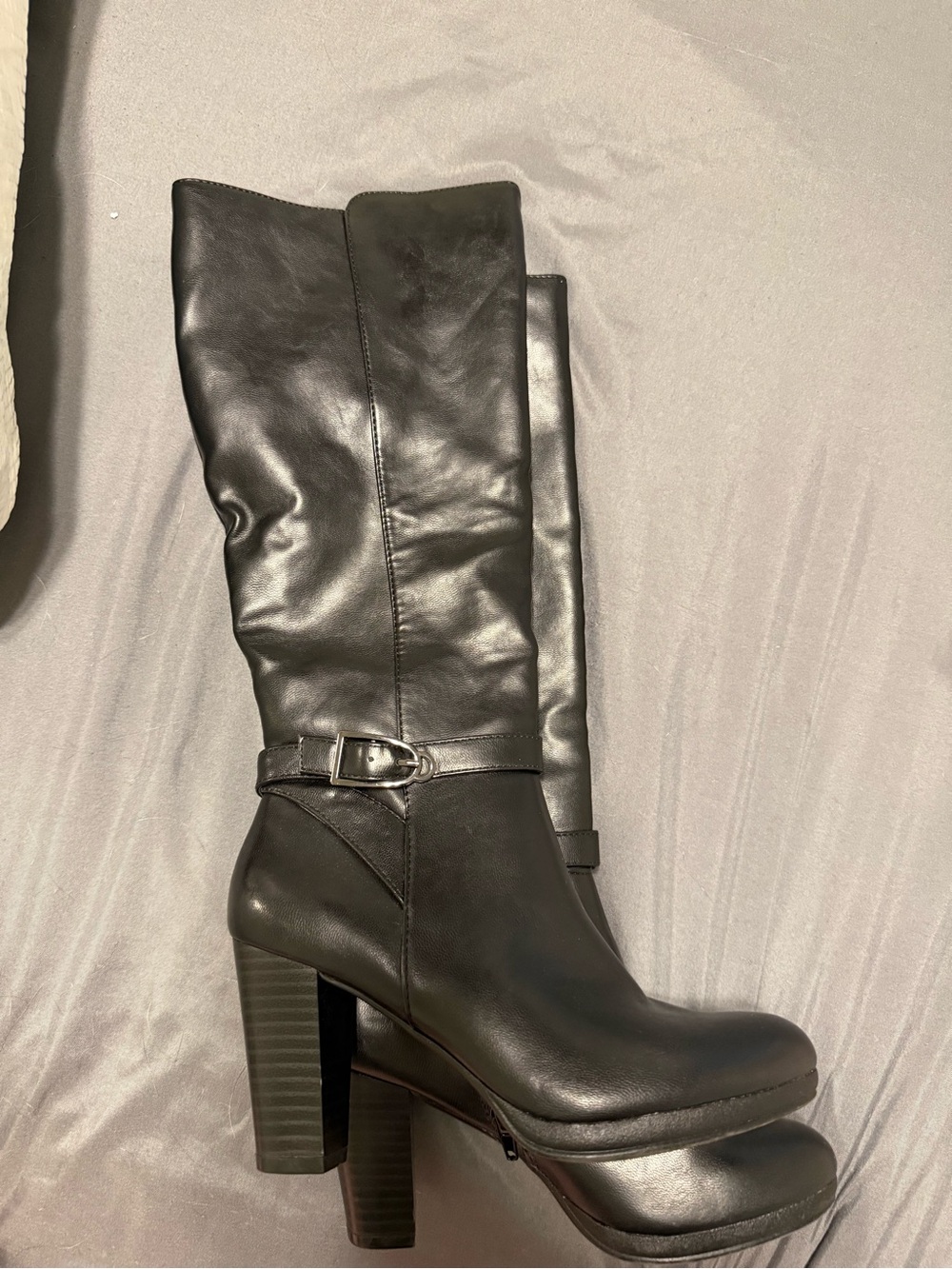 Andrew Geller Black Leather Knee-High Platform Buckle Heel Boots